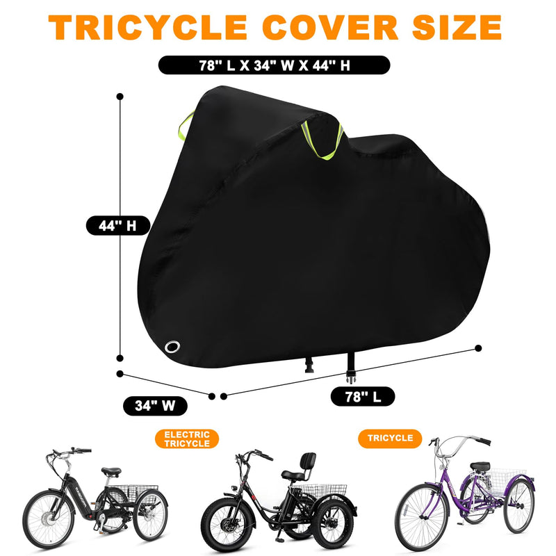 ClawsCover Adult Tricycle Cover Waterproof Outdoor,Trike Cover,Electric Tricycle Bicycle Storage Covers for Adult Bike,Durable Anti-UV 210D Polyester Fabric, with Buckle,Reflective Strip Large-78''L x 34"W x 44''H