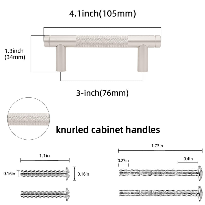 10 Pack 3 inch(76mm) Brushed Satin Nickel Kitchen Cabinet Handles Knurled Cabinet Pulls Drawer Pulls Kitchen Hardware 3'' Hole Center(76mm) 10