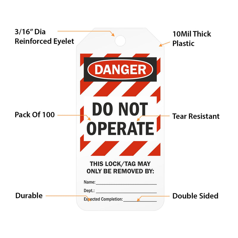 SmartSign Pack of 100 “Danger - Do Not Operate” 2-Sided Lock Out Safety Tags in Dispenser Box | 3" x 6.25" Plastic, Red White Stripes Do Not Operate - 1