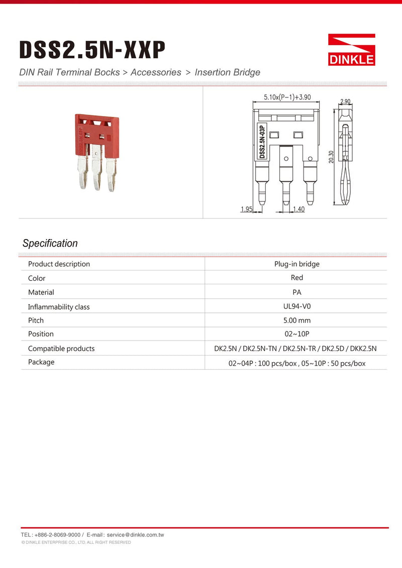 [Australia - AusPower] - Dinkle DSS2.5N-02P DIN Rail Terminal Block Press-Fit Jumper DK2.5N Two Pole, Pack of 50 
