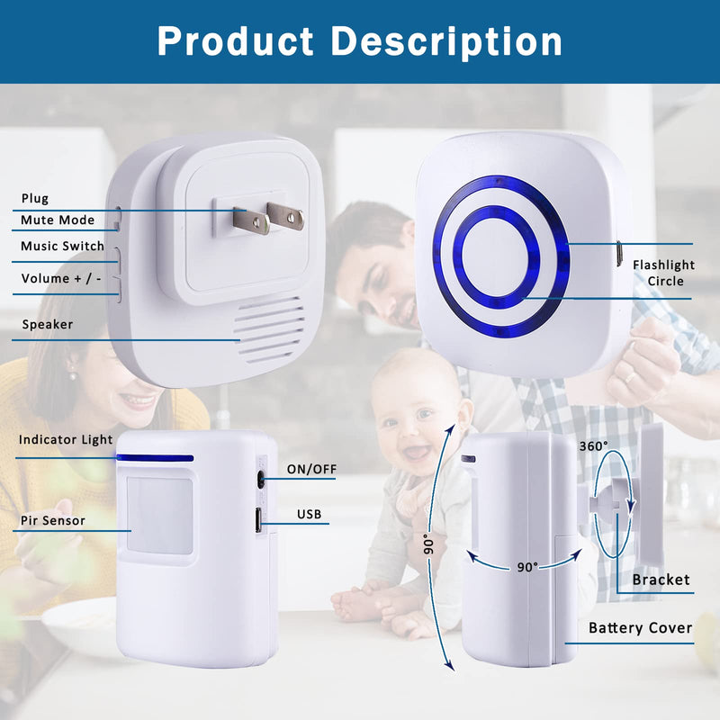 Seanme Motion Sensor Alarm, Wireless Driveway Alarm, Home Security Business Detect Alert with 4 Sensor and 1 Receiver,38 Chime Tunes - LED Indicators for Indoor Use 1 alarm + 4 sensors