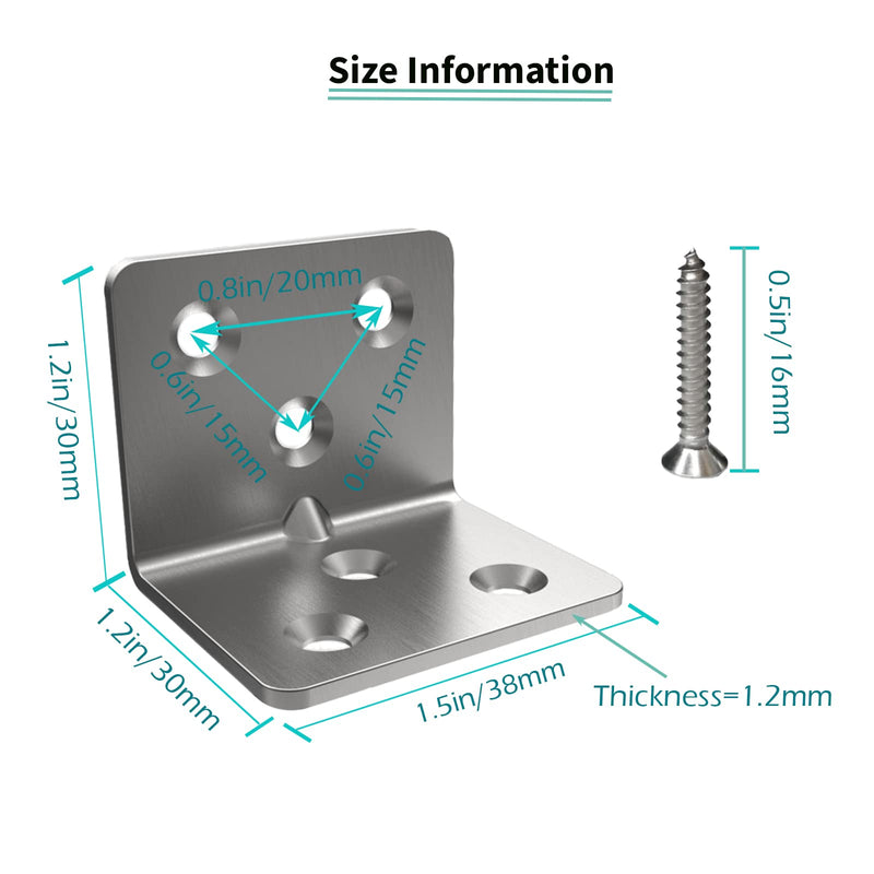 [Australia - AusPower] - Stainless Steel Corner Bracket,Joint Right Angle Bracket,L Shape Heavy Duty Metal Corner Brace Shelf Supporter for Wood Aufuga (20, 1.5x1.2x1.2") 1.5x1.2x1.2" 20 