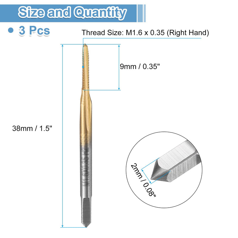 [Australia - AusPower] - QUARKZMAN HSS Tap, M1.6 x 0.35 Metric Tap, Titanium-Coated, Right-Hand Thread, Pack of 3 