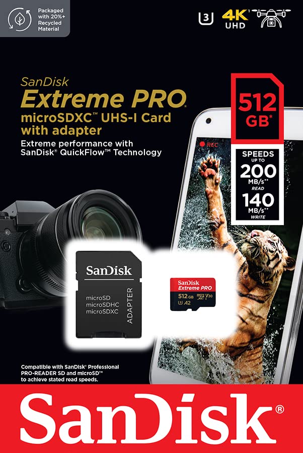 [Australia - AusPower] - SanDisk 512GB Extreme Pro Durable, Captures 4K UHD Video, 200MB/s Read and 140MB/s Write microSD UHS-I Card for Recording Outdoor Adventures and Weekend Trips 