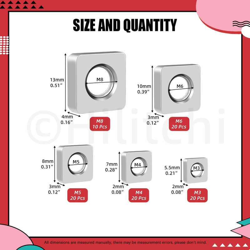[Australia - AusPower] - Hilitchi 90Pcs Square Nuts Assortment M3 M4 M5 M6 M8 304 Stainless Steel Square Nuts Square Machine Screws Nut Metric Coarse Thread Metric Square Nut Fasteners for Home Repair(304 Stainless Steel) 