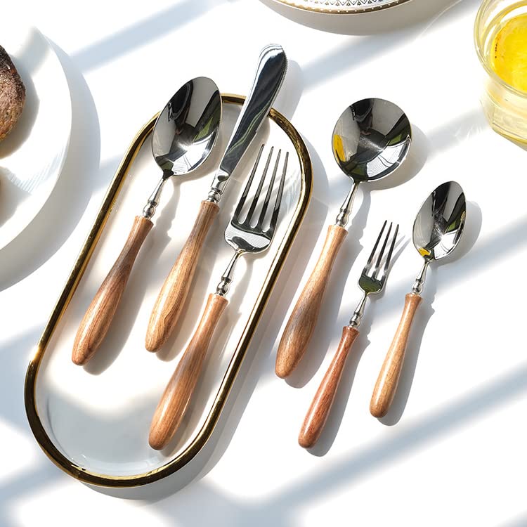 16 PCS Stainless Steel Flatware Set with Wood Handle, Family Cutlery Set for 4, Dinnerware Set with Spoon Fork Knife, PearWood Handle Silverware Utensils, Mirror Polished 16 pieces for 4
