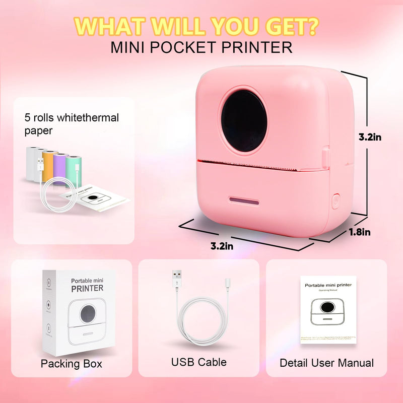 [Australia - AusPower] - Notebuddy Mini Portable Printer, Bluetooth Smart Pocket Inkless Thermal Printer with 5 Roll Papers for Journal/DIY Scrapbook/Travel/Notes/Lists/Label/Memo, Receipt Printer for iOS&Android X5-Pink 