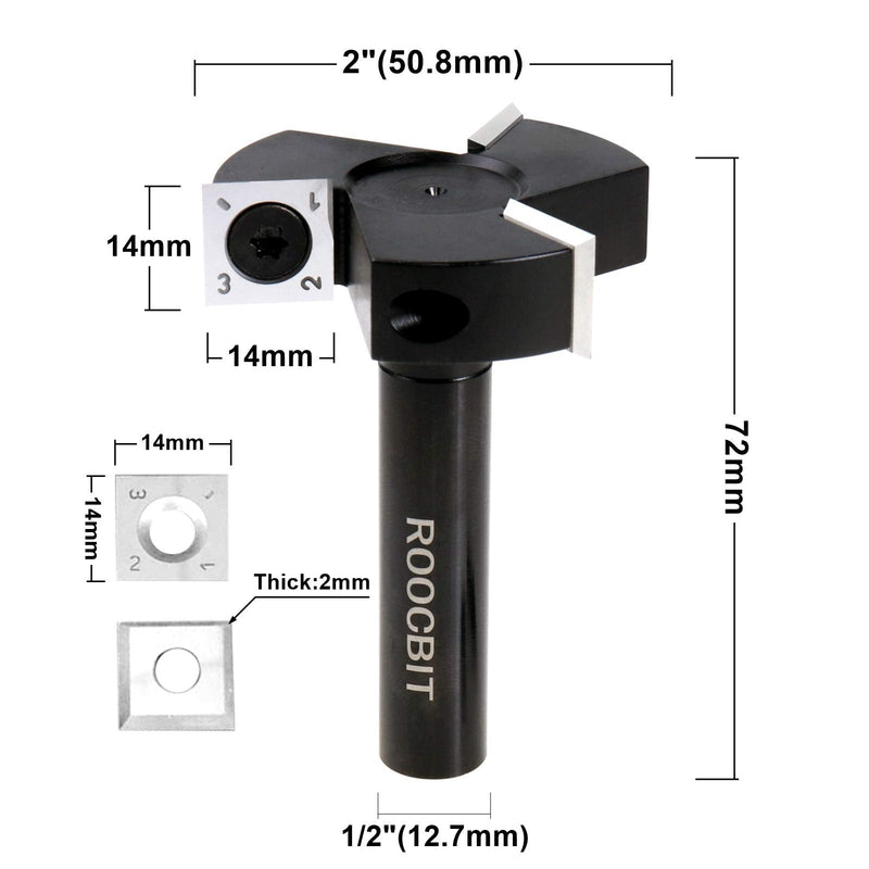 CNC Spoilboard Surfacing Router Bit, 1/2" Shank 2” Cutting Dia Insert Carbide Slab Flattening Grooving T-Slotting Woodworking Milling Cutter Tools By ROOCBIT 1/2" Shank-2" Cut Dia.
