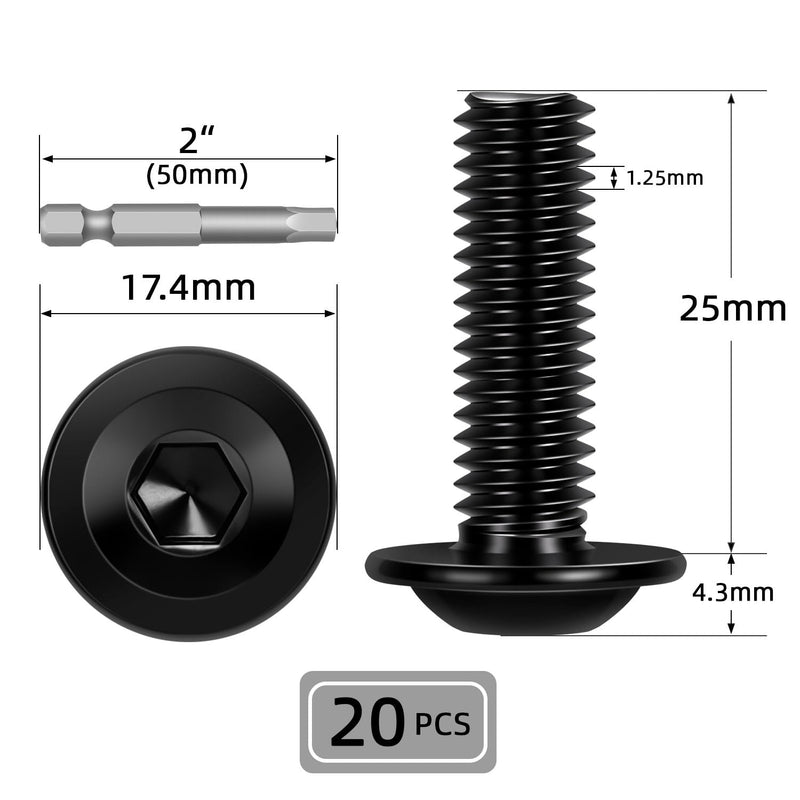 [Australia - AusPower] - M8-1.25 x 25mm 20 PCS Flanged Button Head Socket Cap Bolts Screws, Stainless Steel 304, Allen Socket Drive, Screwdriver Bit Included, Black Finish, Fully Machine Thread M8 x 25mm 