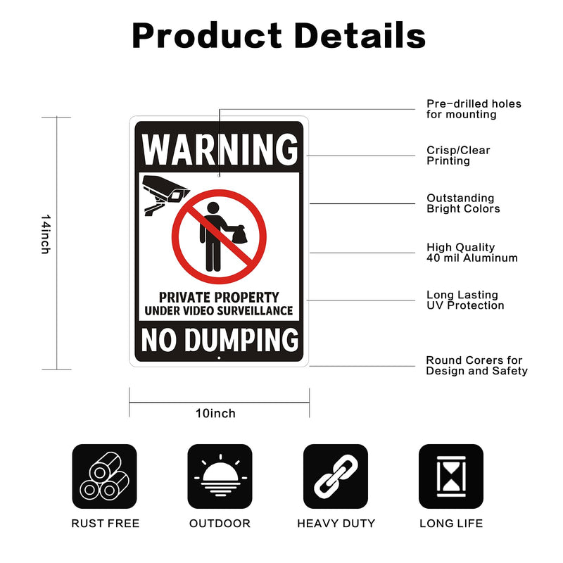 No Dumping Sign with 34.6" Stake, 10"x14" Metal No Dumping Allowed Sign, Private Property No Illegal Dumping Yard Sign with Video Surveillance Notice