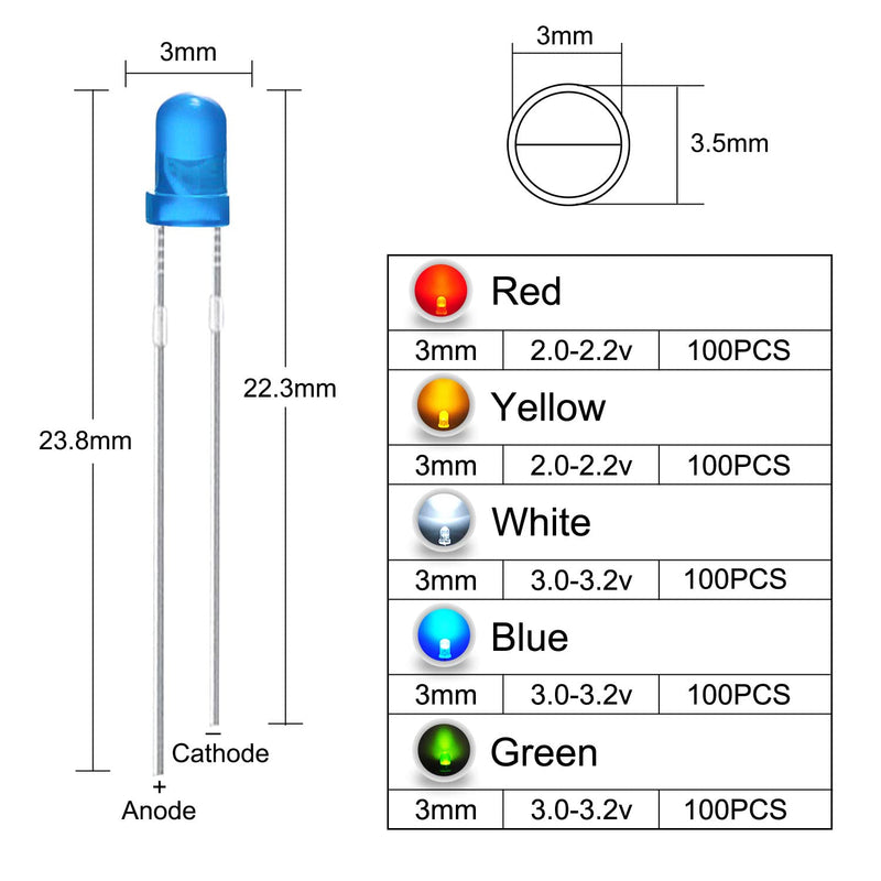 [Australia - AusPower] - 500Pcs 3mm LED Diodes Assortment Kit Round Diffused Led Light Emitting Diode Circuit LED Assorted Set for Arduino, Electronics PCB DIY, Raspberry Pi (White/Red/Yellow/Blue/Green) 