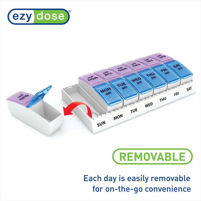 [Australia - AusPower] - EZY DOSE Weekly (7-Day) AM/PM Pill Case, Medicine Planner, Vitamin Organizer Box, Small Pop-out Compartments, 2 Times a Day, Blue and Purple Lids, BPA Free 1 Count (Pack of 1) 