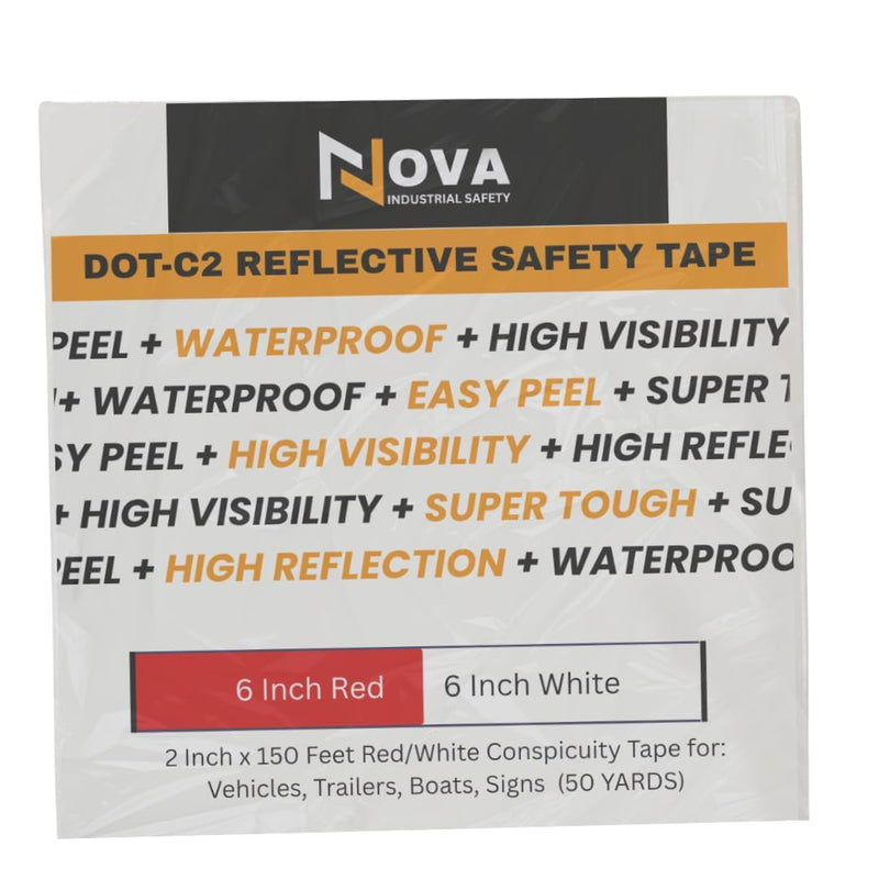 NOVA DOT Reflective Tape 2 Inch x 150 Feet Strong Red White for Trailers | Strong Adhesive, Wide Reflect Angle, Weather Resistant, Outdoor Waterproof, Cinta Reflectiva for Trailers, & Posts, 50 Yards