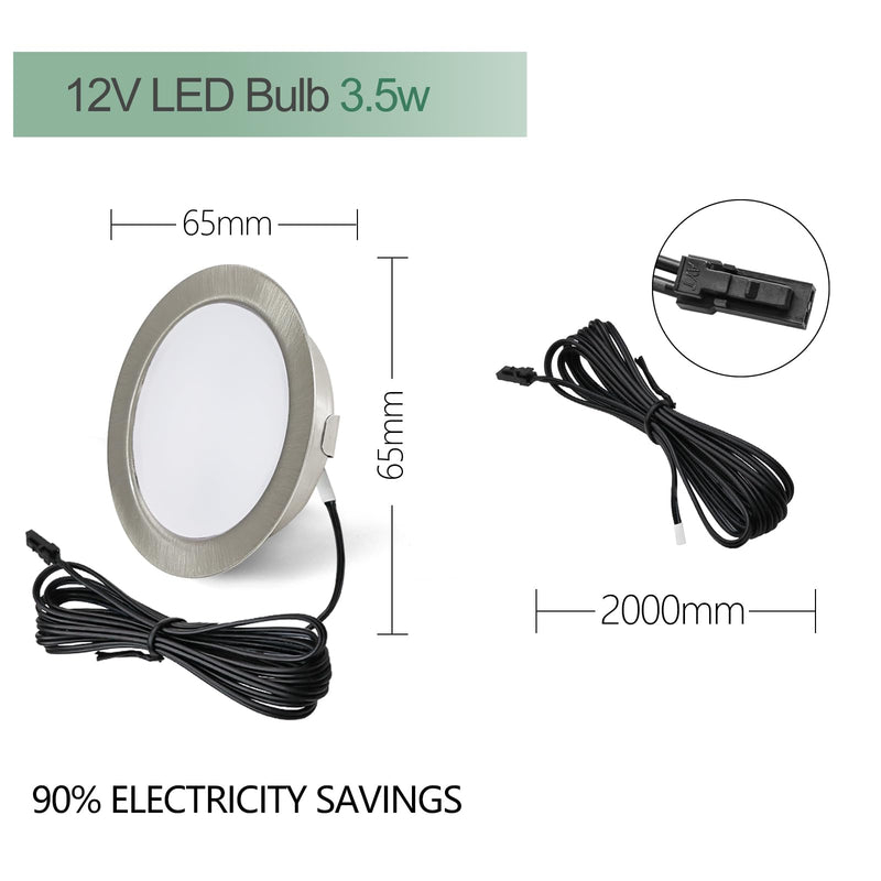 Set of 3 LED Recessed Spotlights 12 V 3000 K Warm White 3.5 W, Flat 12 V 300 LM Bore Hole 55-58 mm and 15 mm, Dimmable Furniture Recessed Spotlights, LED Spot 12 V with 2 m Cable, Nickel 3000K Warm White