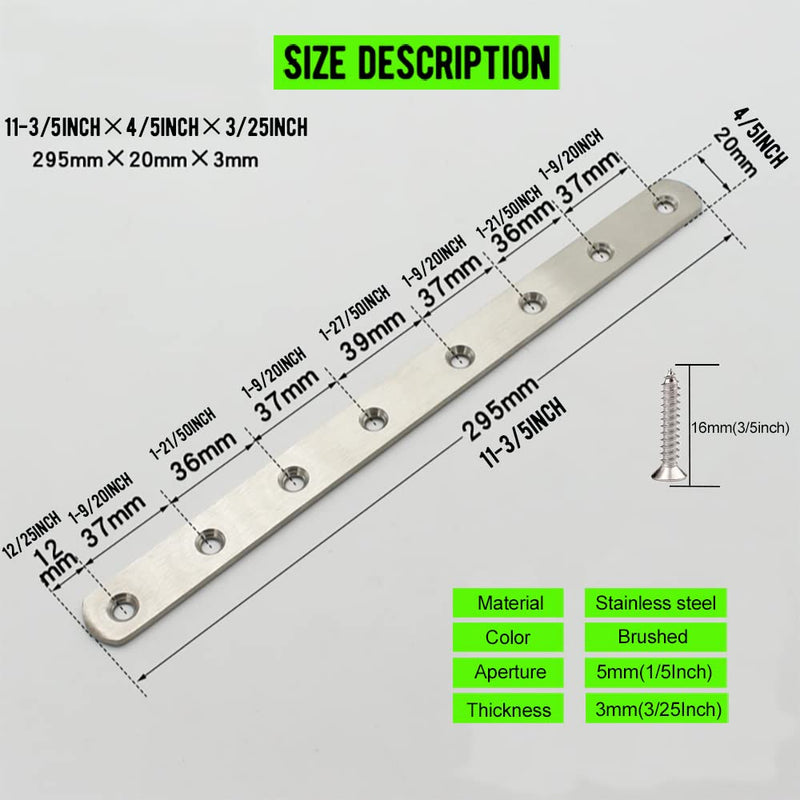 [Australia - AusPower] - 12" Flat Mending Plate 4Pcs Flat Straight Braces Stainless Steel Straight Brackets, Repair Fixing Bracket Connector, Mending Joining Plates with Screws, Silver 