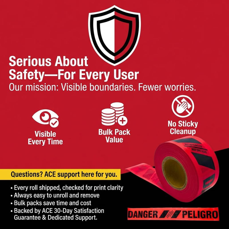 ACE Supply Reinforced Barricade Tape - Red Danger Tape Roll - 3" x300'x5mil - Barricade Tapes for Construction, Utility, Crowd Control, and Emergency Services Single Roll Danger Tape - 300 Ft