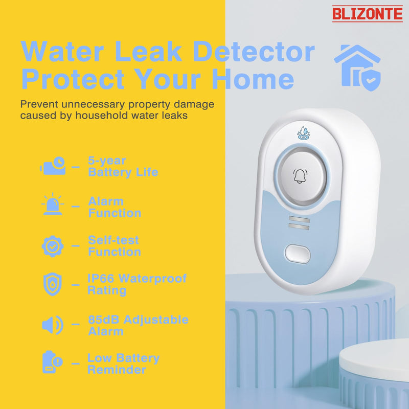 Water Leak Detector 3 Pack, 5-Year Battery Life, Water Alarm with Low Battery Warning, 100dB Loud Sound and Self-Test Function, IP66 Waterproof for Home Basement Kitchen(Not Support Wi-Fi)