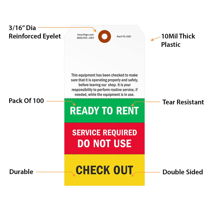 SmartSign Ready to Rent Two-Sided Tags with Tear-Off Stubs and Wires - Pack of 100 | 6.25" x 3.125" Polylith Plastic, 10 mil