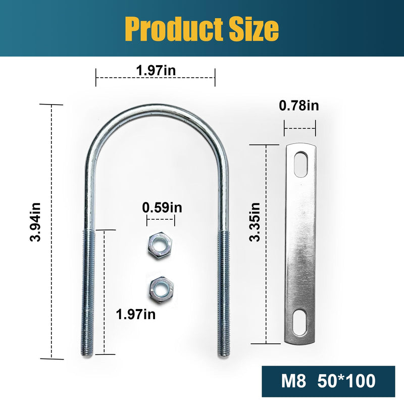 [Australia - AusPower] - 2 Sets M8 U-Bolt, 2" Wide U Bolt with Washers and Nuts, Heavy Duty Galvanized Carbon Steel Round U Bolts for Trailers, Boats, Replacement Parts and Accessories for Ski Boat, Fishing Boat 50mm*100mm 