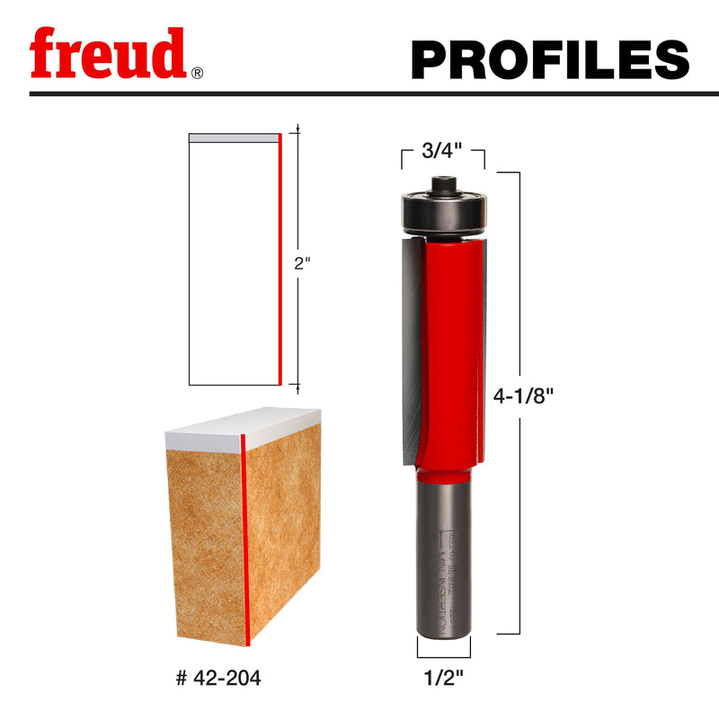 Freud 42-204: 3/4" (dia.) Downshear Helix Flush Trim Bit with 1/2" shank, 4-1/8" overall length Pack of 1 Downshear Helix Flush Trim Router Bit 3/4-Inch Diameter With 1/2-Inch Shank