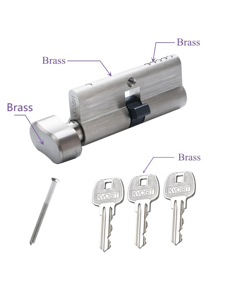 60MM Solid Brass Lock Cylinder with 3 Brass Keys Satin Nickel Color Cylinder Door Lock Replacement (Color:Satin Nickel, 60MM-Thumbturn,Material: Brass)