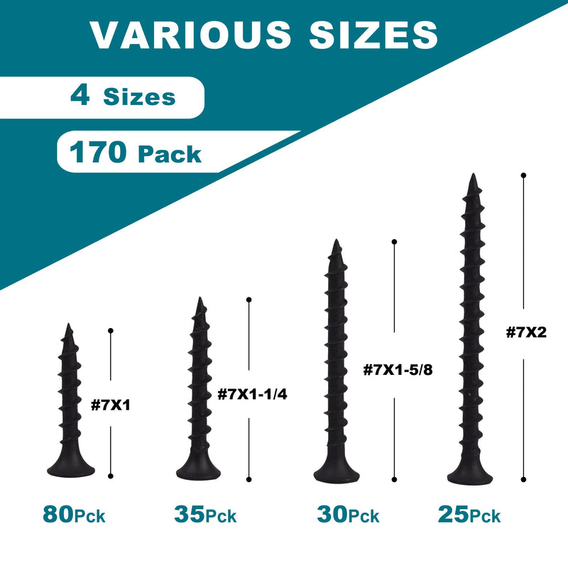 [Australia - AusPower] - Drywall Screws Assortment Kit - 170 Pcs Black Wood Screws Phillips Tips, Coarse Thread Sheetrock Screws Set, Self Tapping Screws 4 Sizes 1",1-1/4",1-5/8",2in 
