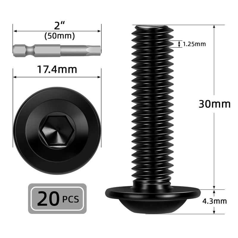 [Australia - AusPower] - M8-1.25 x 30mm Flanged Button Head Socket Cap Bolts Screws, Stainless Steel 304, Allen Hex Drive, Black Finish, Fully Thread, 20 PCS (with Hex Screwdriver Bit) M8 x 30mm 