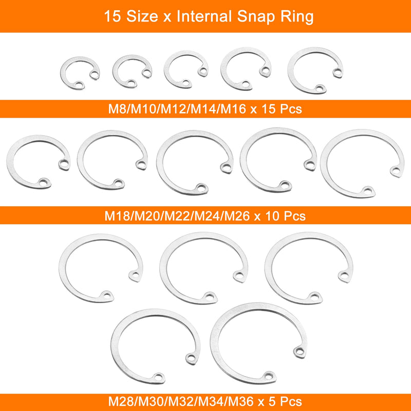 [Australia - AusPower] - uxcell 200Pcs Internal Retaining Ring Circlip Assortment Set, 304 Stainless Steel 15 Sizes M8 M10 M12 M14 M16 M18 M20 M22 M24 M26 M28 M30 M32 M34 M36 200 