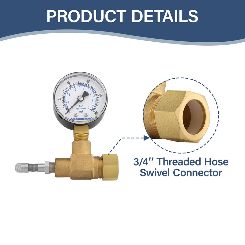 MEASUREMAN Air Over Water Test Regulator with Gauge, 2” Dial, 0-100 PSI, for Household Water Pipe Leak Detection, Includes 1/4” NPT Mount