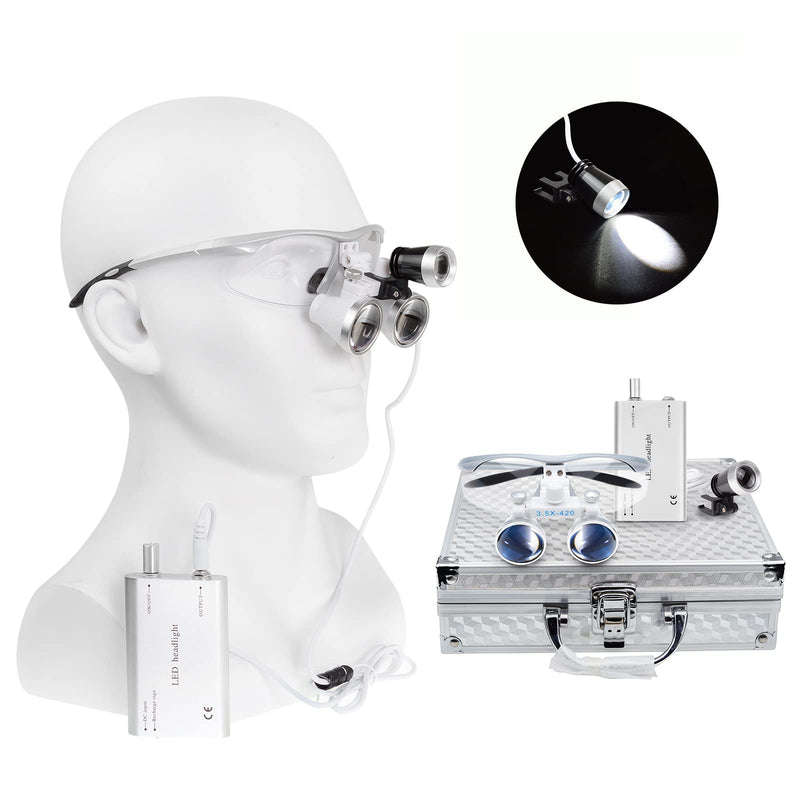[Australia - AusPower] - BoNew Dental 3.5X-420mm Surgical Binocular Loupes Magnifier Kit With LED Head Light Silver Aluminum Box Color 