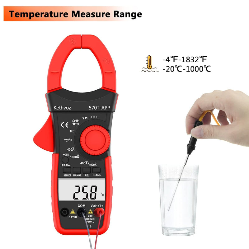 [Australia - AusPower] - 570T-APP Digital Clamp Meter, 4000 Counts Bluetooth Multimeter, 1000A AC/DC Amp Voltage Tester, Measures Ohms, Capacitance, Frequency, Temperature, Diode, Continuity Test with Data Logging 