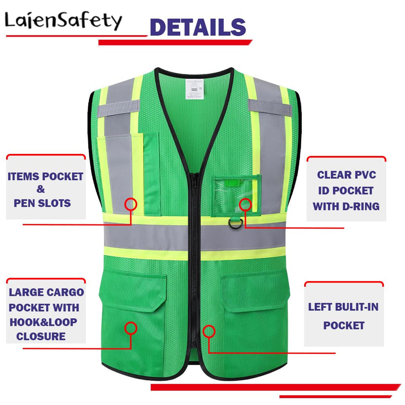 Hi Vis Reflective Safety Vest for Men Women with Multiple Pockets High Visibility Mesh Construction Work Vest,Meets ANSI/ISEA Standards(EK1-178-Green-3XL) Green 3X-Large 1
