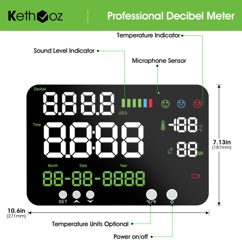 [Australia - AusPower] - Decibel Meter,6-in-1 Digital Sound Meter with 12’’LCD Screen,Range 30-130dB,Rechargeable Noise Meter with Time, Temperature and Humidity Display for Home, Studio, Library, and Factory 