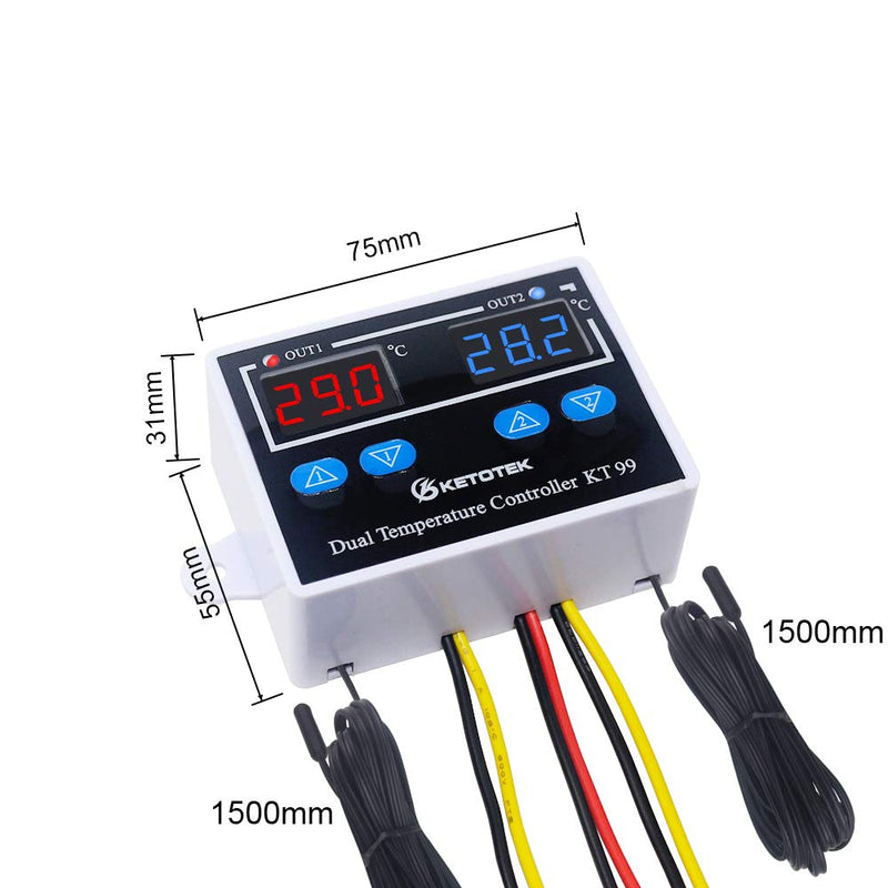 [Australia - AusPower] - Ketotek Thermostat, Heating and Cooling Digital Temperature Monitor, Thermostat, with 2 Sensor Output Power, Direct for Aquarium and Incubator Heating, Terrarium Reptiles Mat AC 230 V 