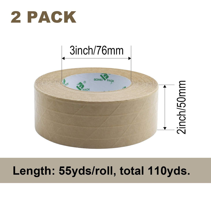 BOMEI PACK 2Pack Reinforced Kraft Paper Tape, Self Adhesive Paper Gummed Packing Tape, for Heavy Duty Packing, Shipping, Moving and Storage, 2Inch55yds 2in x 55yds 2