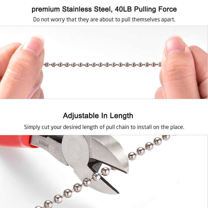 Pull Chain, 15 Feet Stainless Steel Bead Chain, Rustproof &Great Pulling Force, 6 Size, 3.2mm Pull Chain Extension with 15 Free Clasp Connectors- Silver (15 Feet) 15 ft