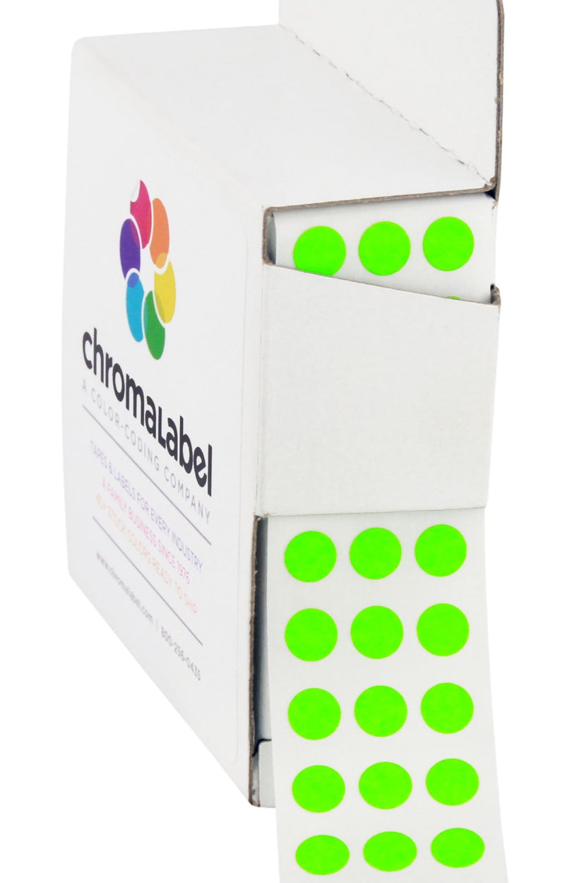 ChromaLabel 0.25 inch Round Label Permanent Color Code Dot Stickers, 250 Labels per Dispenser Box, Fluorescent Green 1/4" Diameter