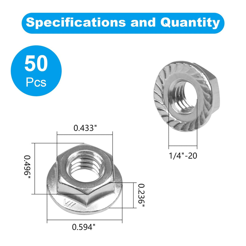[Australia - AusPower] - Yinpecly 1/4-20 Serrated Flange Hex Nuts,1/4" Hexagon Flange Nuts,UNC Nuts Fasteners, 304 Stainless Steel,Full Thread, Hex Drive, Replacement Nut for Industrial Construction Fasteners, 50 Pack 