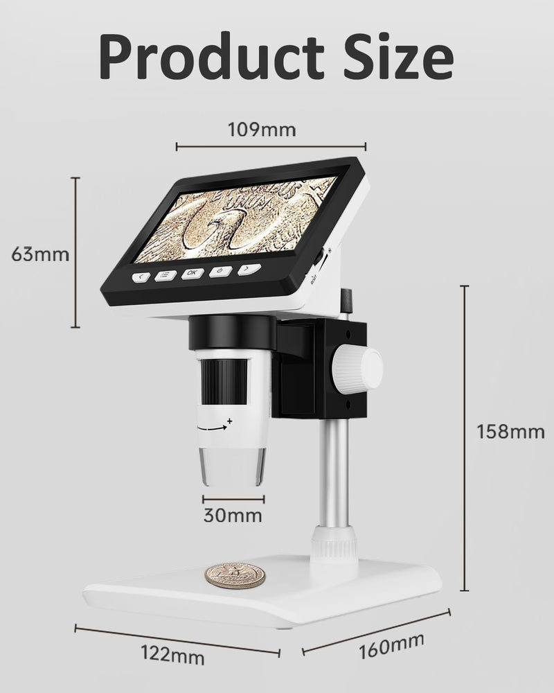 AOPICK Microscope Mobile Phone, LCD Digital Microscope 50X-500X Resolution, 4.3 Inch 1080P USB Microscope with 8 Adjustable LED Lights, PC View, for Adults / Children, Compatible with MacOS Windows White Small