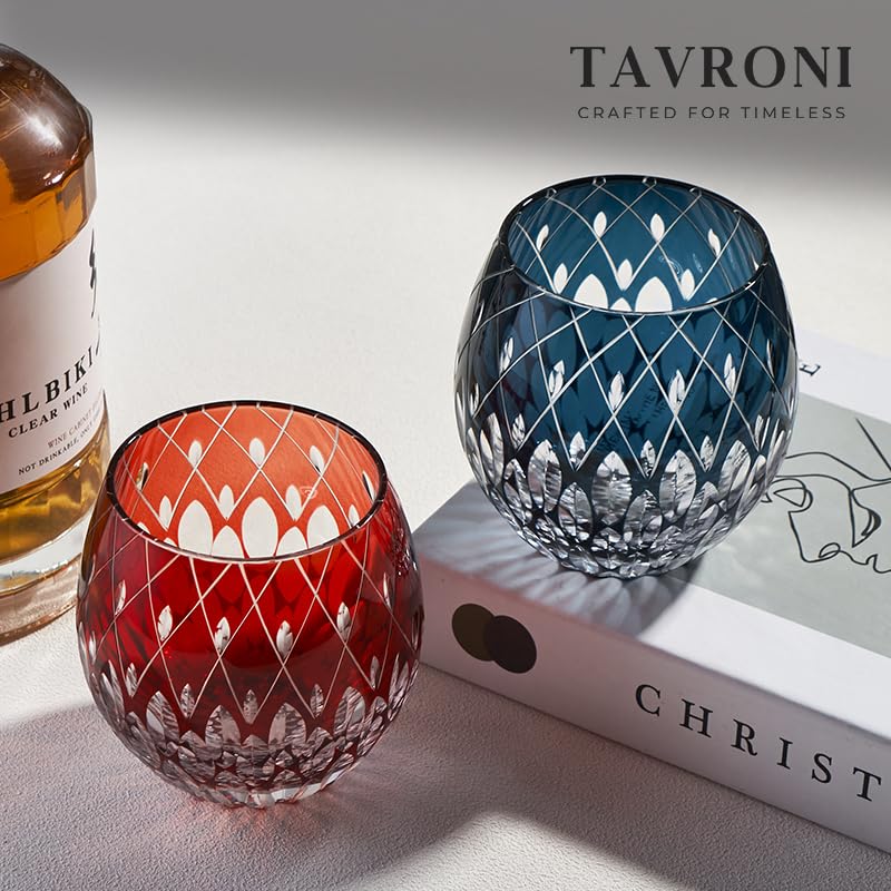 Hand-Cut Crystal Whiskey Glass, 10 Oz Red Lowball, Edo Style — An Old Fashioned Tumbler for Scotch Neat or Bourbon over Ice