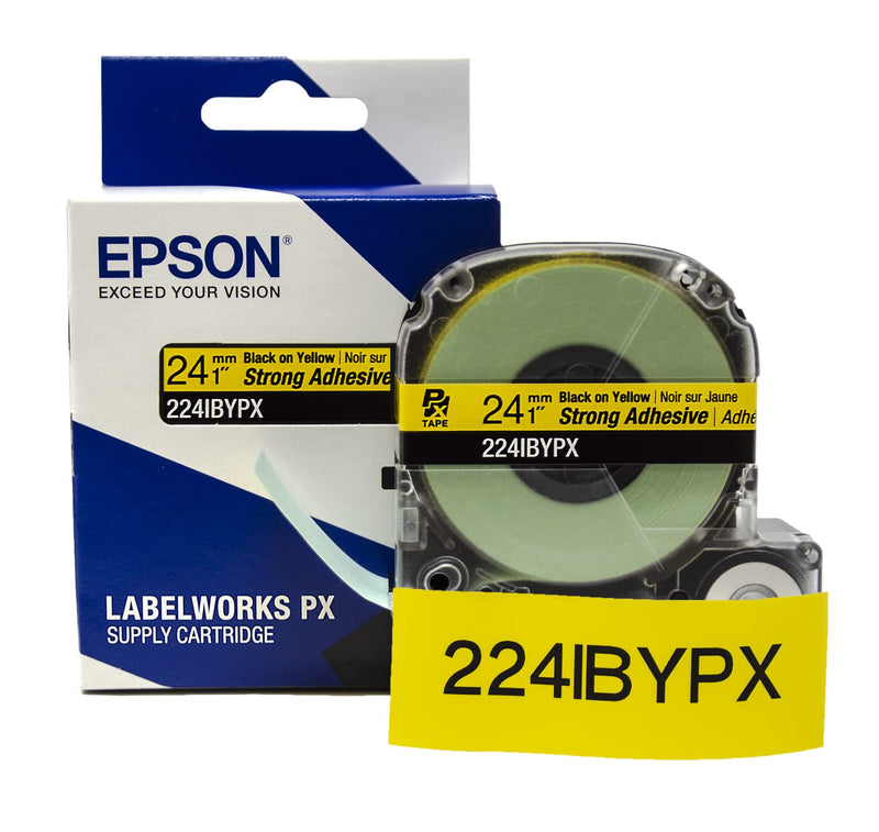 Epson LABELWORKS 224IBYPX Genuine PET (Polyester) Tape Cartridge - Black on Yellow Strong Adhesive Standard Industrial Label Maker Tape - 1" (24MM) Wide, 30'