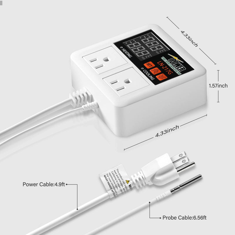 [Australia - AusPower] - iPower Digital Temperature Controller, 1200W 10A Dual Outlet Thermostat Plug, 2-Stage Heating/Cooling Mode, for Seed Germination, Reptiles, Brewing Breeding, Fermenter Greenhouse 