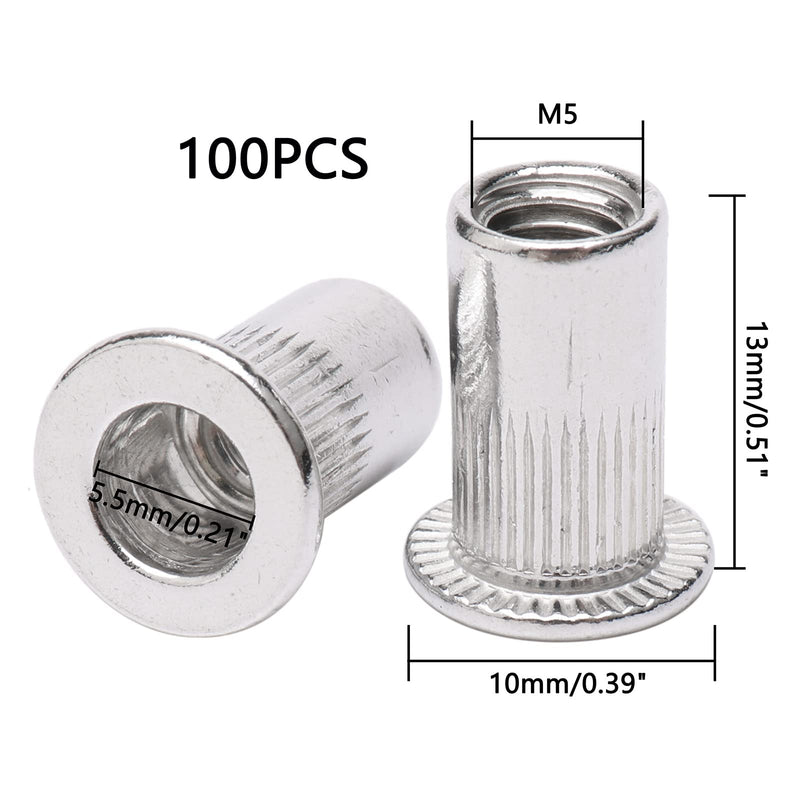 jiuwu 100 Pcs M5 5mm Flat Head Aluminum Rivet Nut Blind Insert Nut