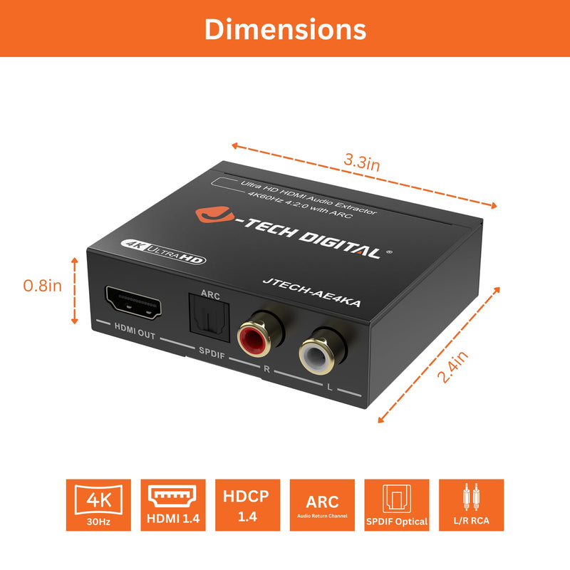 [Australia - AusPower] - J-Tech Digital 4K@60Hz HDMI Audio Extractor with ARC, HDMI to RCA & Optical Converter, Dolby Digital/DTS Stereo Support for TV, Gaming Consoles, Blu-ray, Laptop [JTECH-AE4KA] 