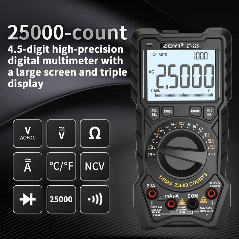 [Australia - AusPower] - ZOYI ZT-225 Digital Multimeter True RMS 25000 Counts Auto-Ranging Anti-Burn Measures Voltage Resistance Capacitance Temperature for Electricians Hobbyists Students Home Use 