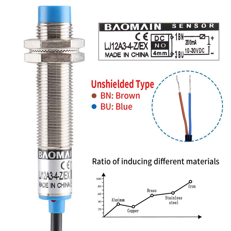 [Australia - AusPower] - Baomain 4mm Cylindrical Inductive Proximity Switch, DC 10-30V 200mA NO 2-Wire,M12 Sensor Switch LJ12A3-4-Z/EX 