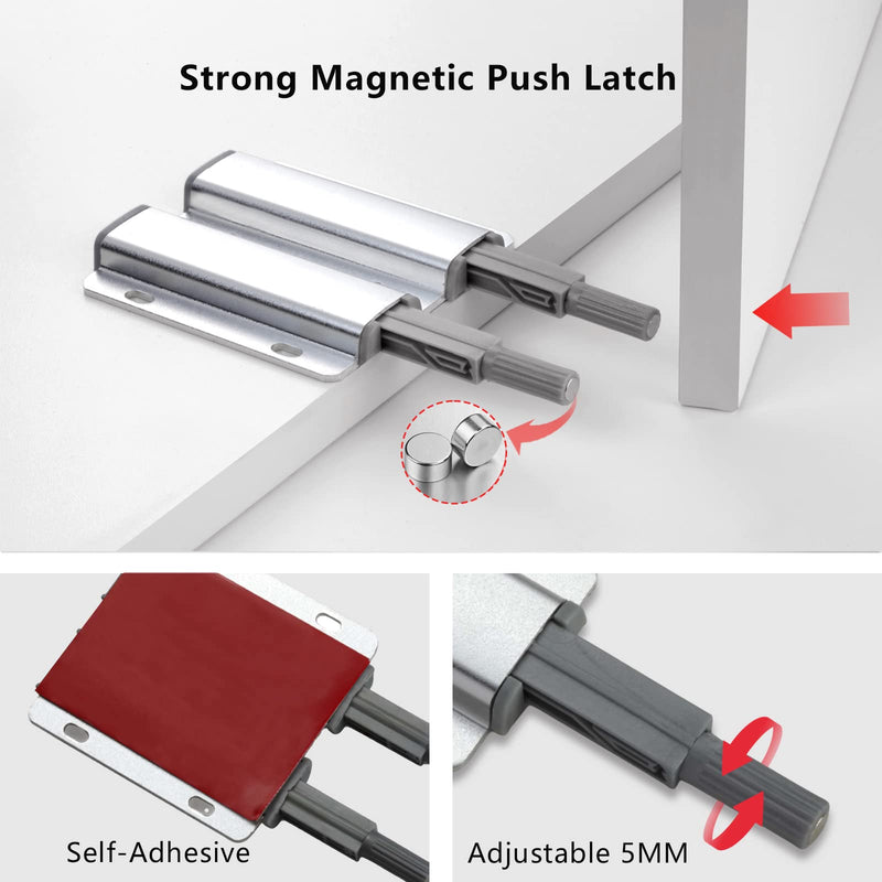Double Push to Open Door Latch, 5 Pack Magnetic Push Latches, Adhesive Heavy Duty Touch Latch Hardware for Push to Open, Magnetic Catch for Cabinet Drawer Wardrobe Kitchen Door Double Push Catch