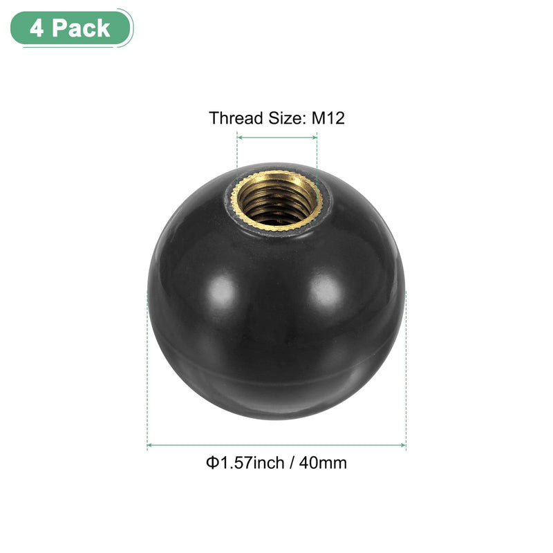 [Australia - AusPower] - 4-Pack Threaded Ball Knobs, M12 Female Thread 40mm Dia. Thermoset Ball Knob for Lathe/Machine/Lawn Mowers, Round Phenolic Brass Insert Lever Handle [Black] M12x40mm Black 