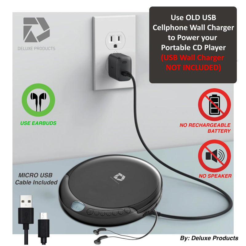 [Australia - AusPower] - CD Player Portable with 60 Second Anti Skip, Stereo Earbuds, Includes Aux in Cable and AC USB Power Cable for use at Home or in Car Black_CD 