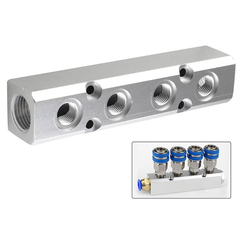 [Australia - AusPower] - 4 Way Pneumatic Manifold Air Distribution Block, Aluminum Alloy Air Compressor Manifold Distribution Block, G1/2 Supply Port, G1/4-Inch Output Port (4 Way 6 Port) 4 Way 6 Port 